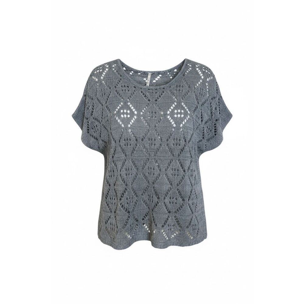 Leo & Nicole NWOT Diamond Open‎ Knit Short Sleeve Tunic Sweater Top Gray Large